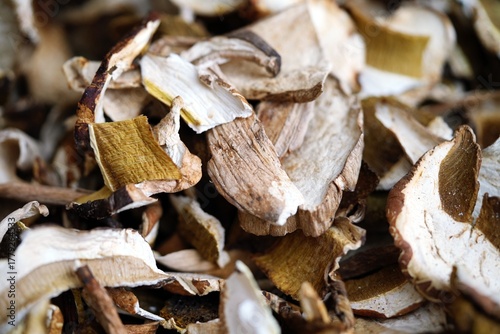 Close-up photo of a pile of dried porcini mushrooms