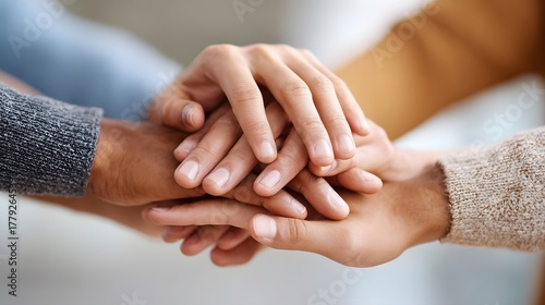 Close up of multiple hands from different people stacked on top of each other representing  collabo n strength and shared purpose