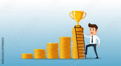 A cartoon man climbs a ladder to reach a trophy atop money stacks.