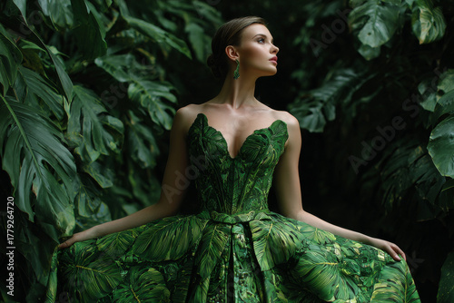 Elegant woman in Monstera leaf gown stands amidst lush greenery, exuding grace and style