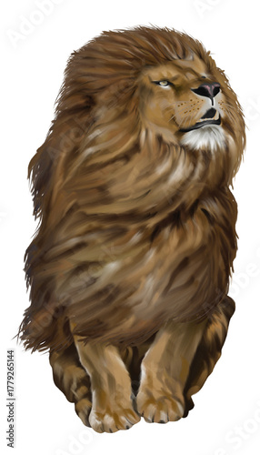 Digital artwork of a proud lion looking upward with a wind-blown mane