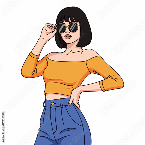 Stylish woman posing with sunglasses and cropped top, she exudes confidence and chic fashion. Fashionable woman illustration showcases vibrant color palette and modern style, reflecting urban trends.