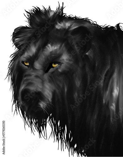 Digital painting of a fierce black lion with intense yellow eyes and rugged fur.