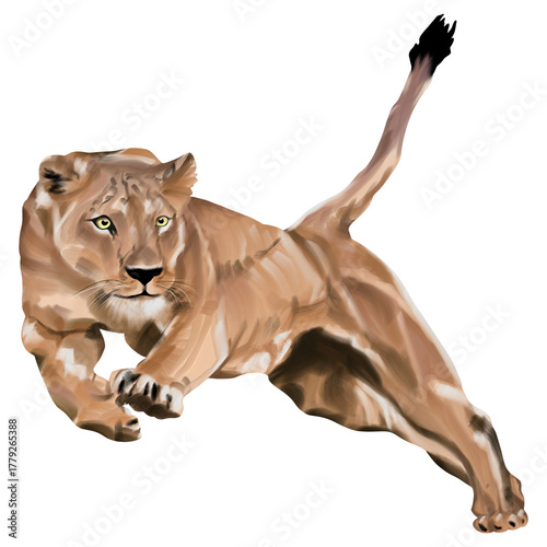 Dynamic digital painting of a lion leaping forward in an aggressive hunting pose.