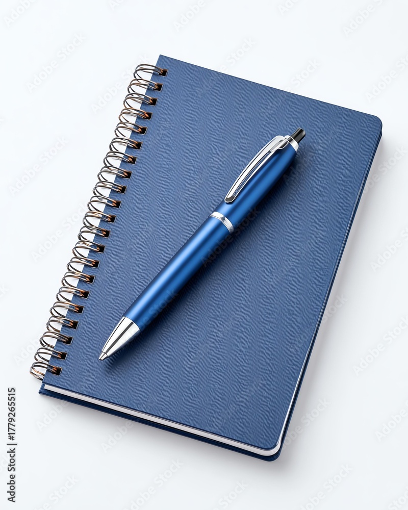 Naklejka premium Blue notebook and pen on white background.