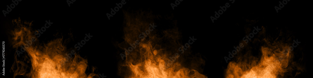 Fototapeta premium set orange smoke or dust cloud on black background, glowing vapor texture with soft particles, fantasy energy effect, dreamy and romantic mood for digital art or cinematic design.