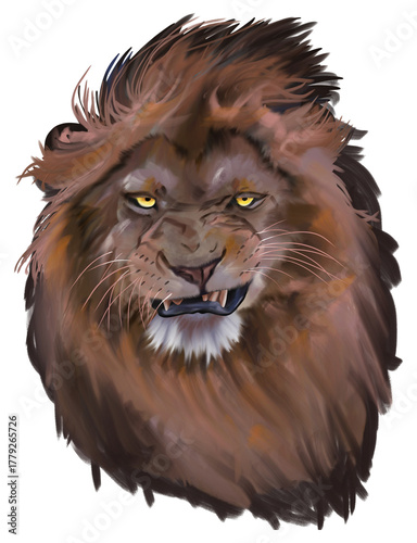Stylized digital painting of a lion roaring with dramatic artistic shading.