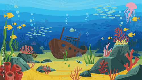Underwater scene with shipwreck, fish, coral, and other marine life