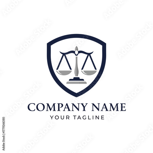 Law Firm Logo with Scales of Justice in a Shield Design.