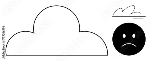 Large cloud and small sad face in minimalistic design. Ideal for expressing sadness, reflection, stress, mental health, bad weather, change, introspection. Simple flat metaphor
