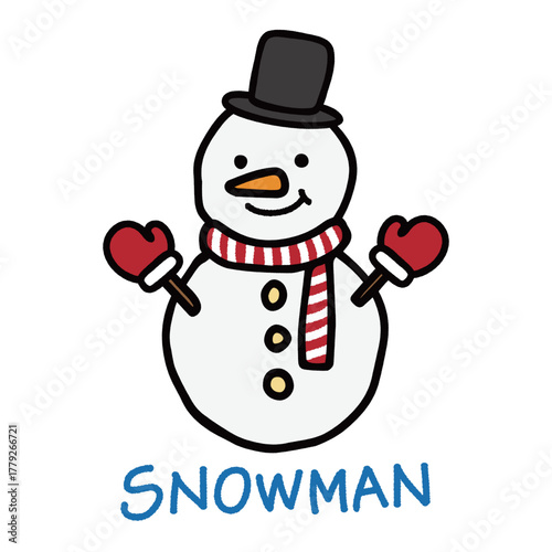 手袋をつけたかわいい雪だるまの手描きイラスト