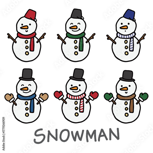 手描きのかわいい雪だるまセット（カラーバリエーション・冬・クリスマス素材）