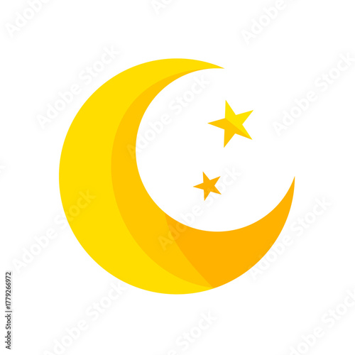 Yellow crescent moon and stars  -vector icon
