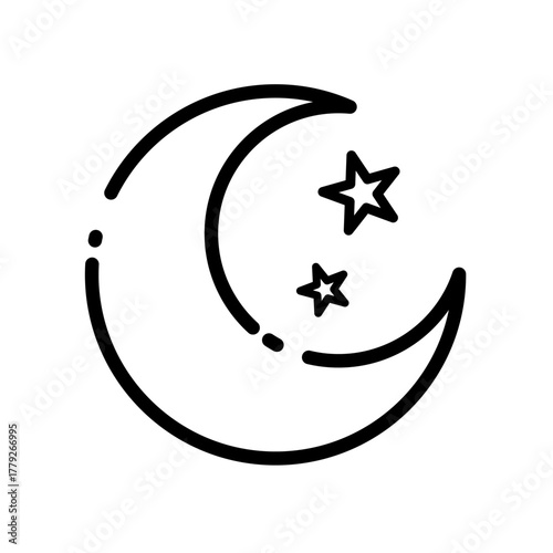 Crescent moon and stars dash-  line vector icon