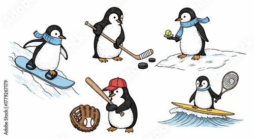 Sport penguin wearing scarf and baseball cap, playing hockey with stick, baseball with bat, and doing snowboard on snow slope. Funny sport penguin character practicing various types of sports,