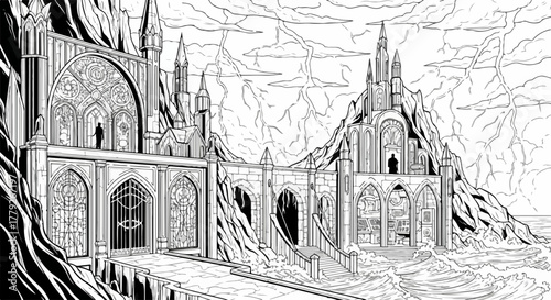 Gothic architecture displayed in monochrome drawing with castle on mountain. Gothic architecture showcases architectural details and complex structural elements on cliff,