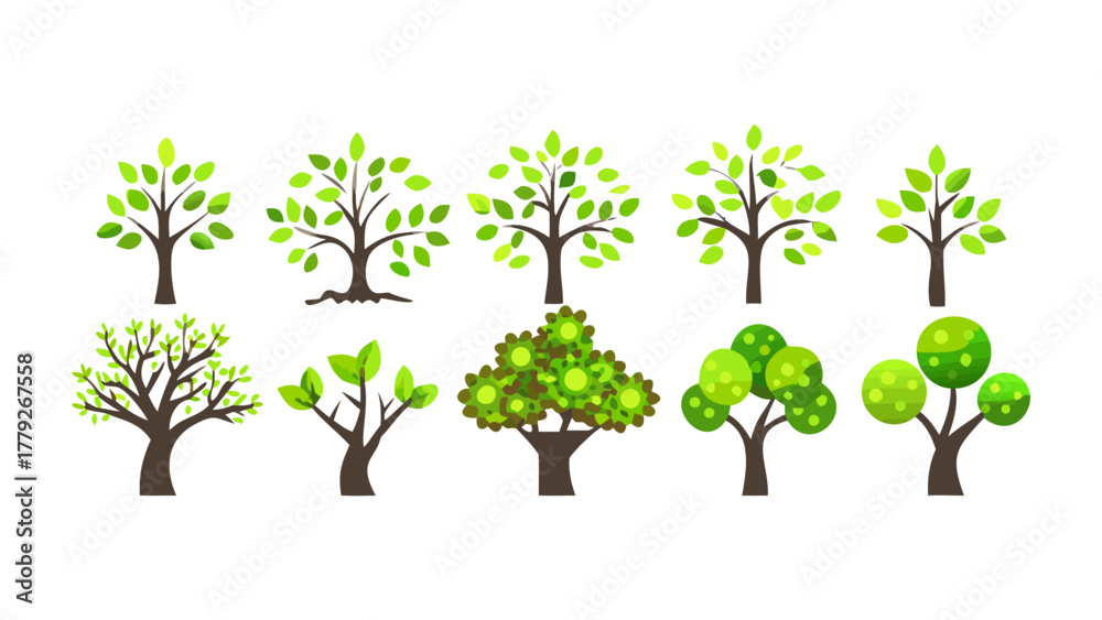 Obraz premium Green Trees Collection: A delightful collection of cartoon trees in different shapes and forms, showcasing the diverse beauty of nature's arboreal wonders.