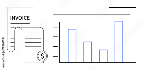 Invoice document with currency icon and bar chart showcasing business finances, analytics, budgeting, or accounting. Ideal for payment tracking, expense reporting, financial growth, cost analysis