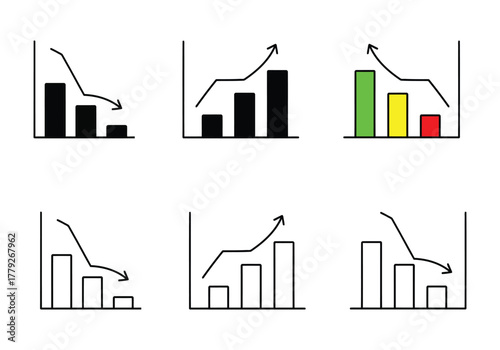 Collection of business charts showing market trends, isolated on white background