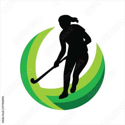 Female field hockey player silhouette graphic with green circle isolated on white background