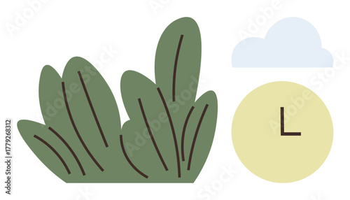 Green foliage, round clock, and light cloud highlighting harmony between nature and time. Ideal for ecological themes, mindfulness, sustainability, growth, relaxation, balance and simple flat