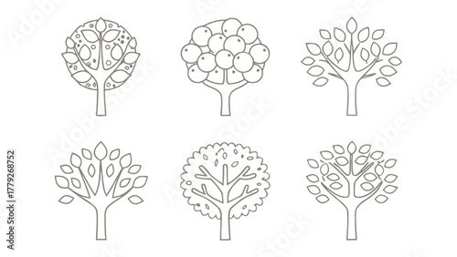 Array of Tree Icons: An elegant display of minimalist tree illustrations, showcasing variations in foliage and form, perfect for adding a touch of natural artistry to any design. 