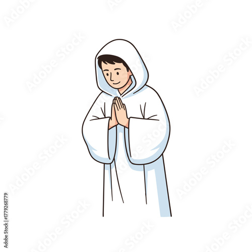 Cartoon Vector Man Standing Peacefully in Traditional White Attire with Folded Hands Clean White Background Simple Style