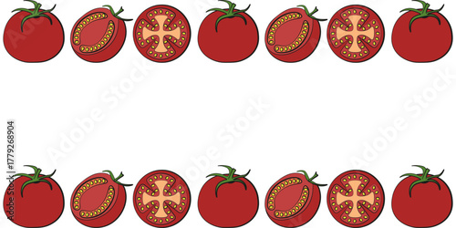 Hand drawn tomatoes vector Frame with Empty space for text. Vector illustration of tomato slice Frame. Perfect vegetable kitchen wall decor web banner template design. EPS 10