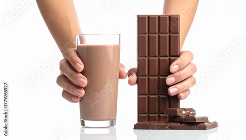 Hands holding a glass of chocolate milk and a chocolate bar. A classic delicious treat