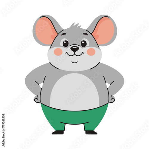Chubby cartoon mouse wearing green pants standing with hands on hips and smiling against a black background vector illustration