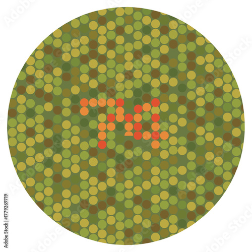 Colorblind test chart with red orange numbers forming 70 in a circular pattern of green brown and yellow dots on a black background with no defects