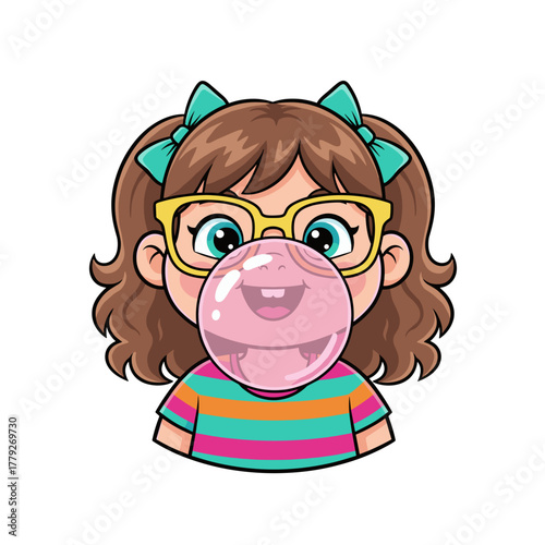 Close-up portrait of a happy young girl with brown hair wearing a colorful striped shirt blowing a pink bubble gum with a funny face reflection in a studio setting on a transparent background
