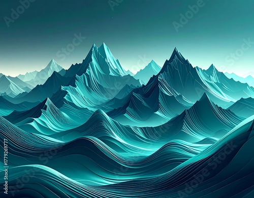 Digitally created abstract landscape with stylized teal mountains