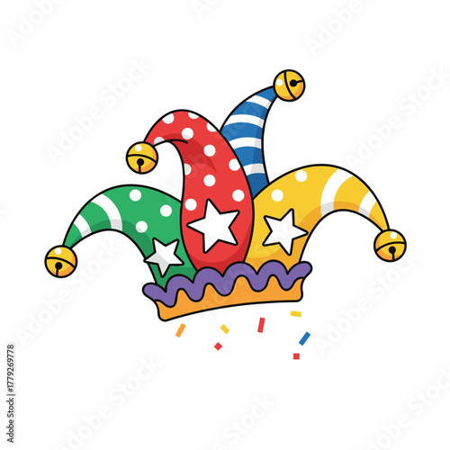 Colorful Jester Hat with Bells and Confetti Floating on Black Background Festive Celebration Accessory
