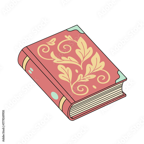 Coral Colored Hardcover Book with Floral Pattern and Gold Embellishments on White Background