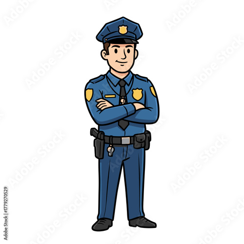 Cartoon Police Officer Standing Confidently Arms Crossed Wearing Blue Uniform and Hat with Badge and Belt on Black Background Simple Flat Design