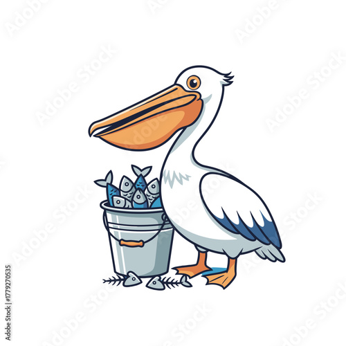 Cartoon Pelican Bird Beside Bucket Full of Fish Skeleton Remains on White Background Vector Art