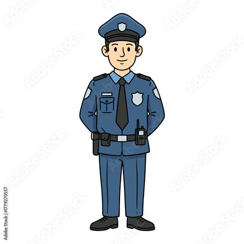 Cartoon Police Officer Standing Confidently with Crossed Arms Wearing a Blue Uniform and Hat with Black Tie and Belt Detailed Flat Style Illustration