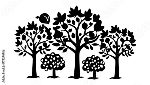 Silhouette Orchard: A stylized silhouette of an orchard against the sky, each tree meticulously crafted, evoking a sense of tranquil harmony and natural beauty.