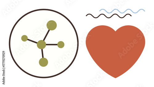 Network structure with interlinked nodes in a circle next to a red heart and abstract wave lines. Ideal for connection, relationships, love, science, technology, emotion, simplicity, flat metaphor