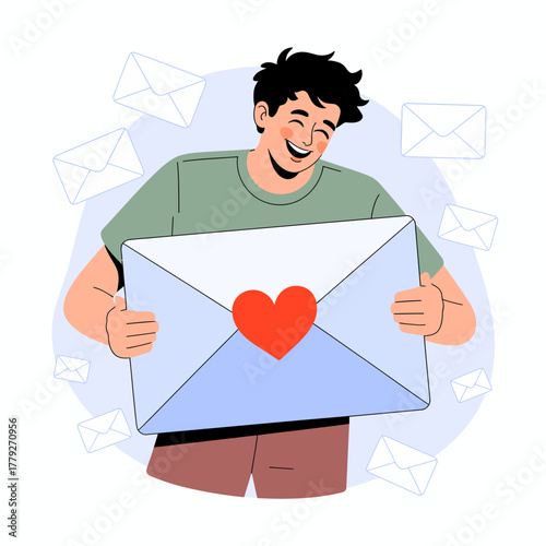 A joyful man is depicted holding a large envelope with a heart symbol, emphasizing the joy of love and connection conveyed through letters, resonating with positive emotions.
