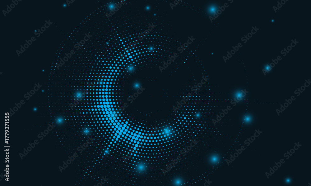 Naklejka premium Digital circles of blue glowing dots. Information particles in a neural network. Big data visualization into cyberspace. Vector illustration.