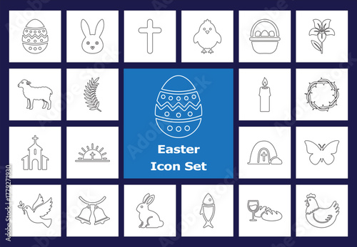 Easter Outline Icons Set - Linear Christian Holiday Symbols. Decorated Egg, Bunny, Cross, Lamb, Church, Candle, Resurrection, Spring, Holy Week, Religion, Celebration.