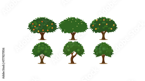 Orchard Harmony: A set of vibrant illustrations of fruit trees showcase a variety of forms and textures, bringing a sense of freshness and natural beauty to the viewer.