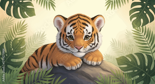 Adorable Tiger Cub Resting on a Rock Surrounded by Lush Green Foliage.