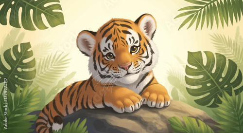 Adorable Tiger Cub Resting on a Rock Surrounded by Lush Green Tropical Foliage.