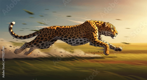 Cheetah in Full Sprint Across the Savannah, Showing Speed and Agility.