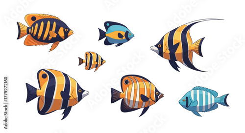 Collection of Colorful Tropical Fish with Distinctive Stripes and Patterns.