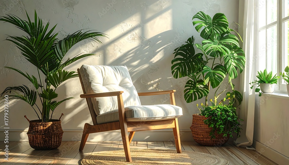 Fototapeta premium Cozy living room interior with natural light and lush green plants enhancing a comfortable armchair