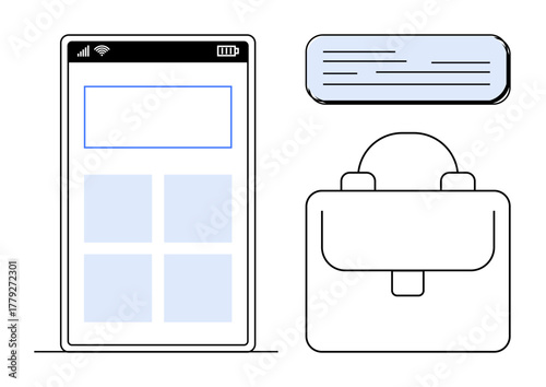 Smartphone screen with grid layout, text document, and briefcase icon. Ideal for productivity, business, organization, planning, technology digital tools and work management. A simple flat metaphor